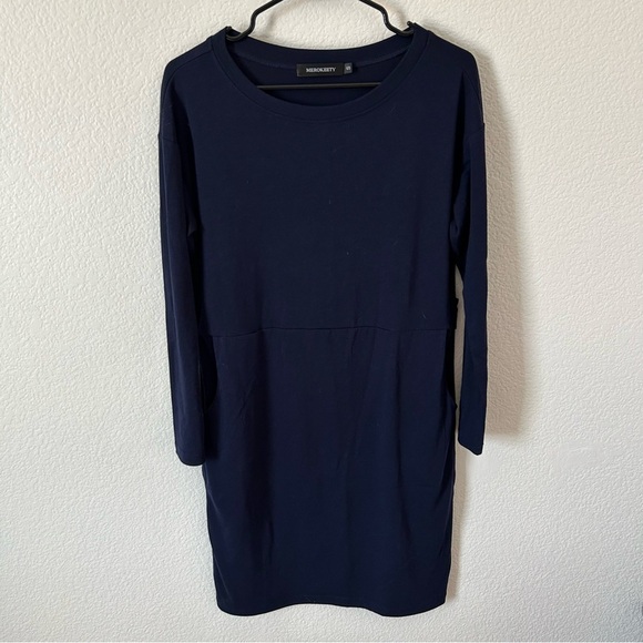 Merokeety Dresses & Skirts - Blue Long Sleeve Business Casual, Office Attire, Conservative Crew Neck Dress